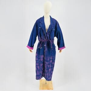 Vintage 80s Counterparts Cotton Purple Blue Abstract Belted Denim Duster Coat